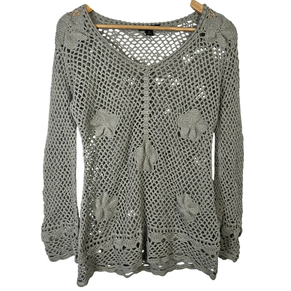 Sydney Easton Sage Green Crochet Open Knit Floral Applique V-Neck Sweater Size M